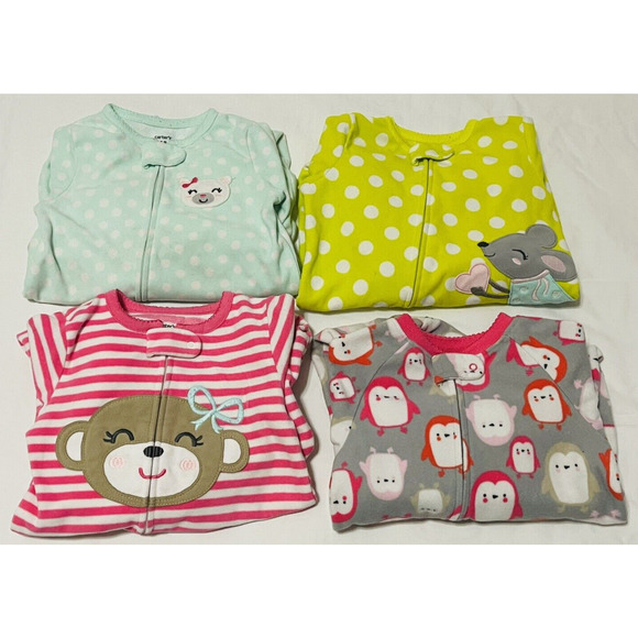 Carters Footed Pajamas Girls 18 Months Fleece Zip Spring Colors Animals Lot of 4 - Picture 1 of 13